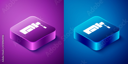 Isometric Medical bottle with nozzle spray for the treatment of diseases of the nose and throat icon isolated on blue and purple background. Square button. Vector Illustration.