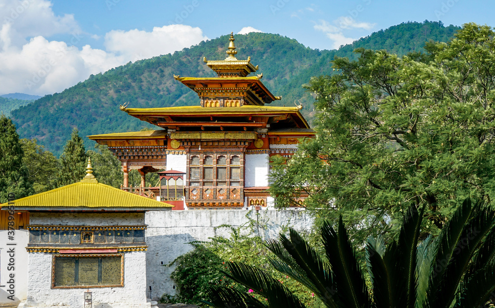 Bhutan, temple near the Dzong of Phunakha. 