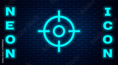 Glowing neon Target sport icon isolated on brick wall background. Clean target with numbers for shooting range or shooting. Vector Illustration.