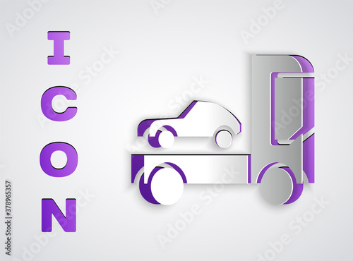 Paper cut Car transporter truck for transportation of car icon isolated on grey background. Paper art style. Vector Illustration.
