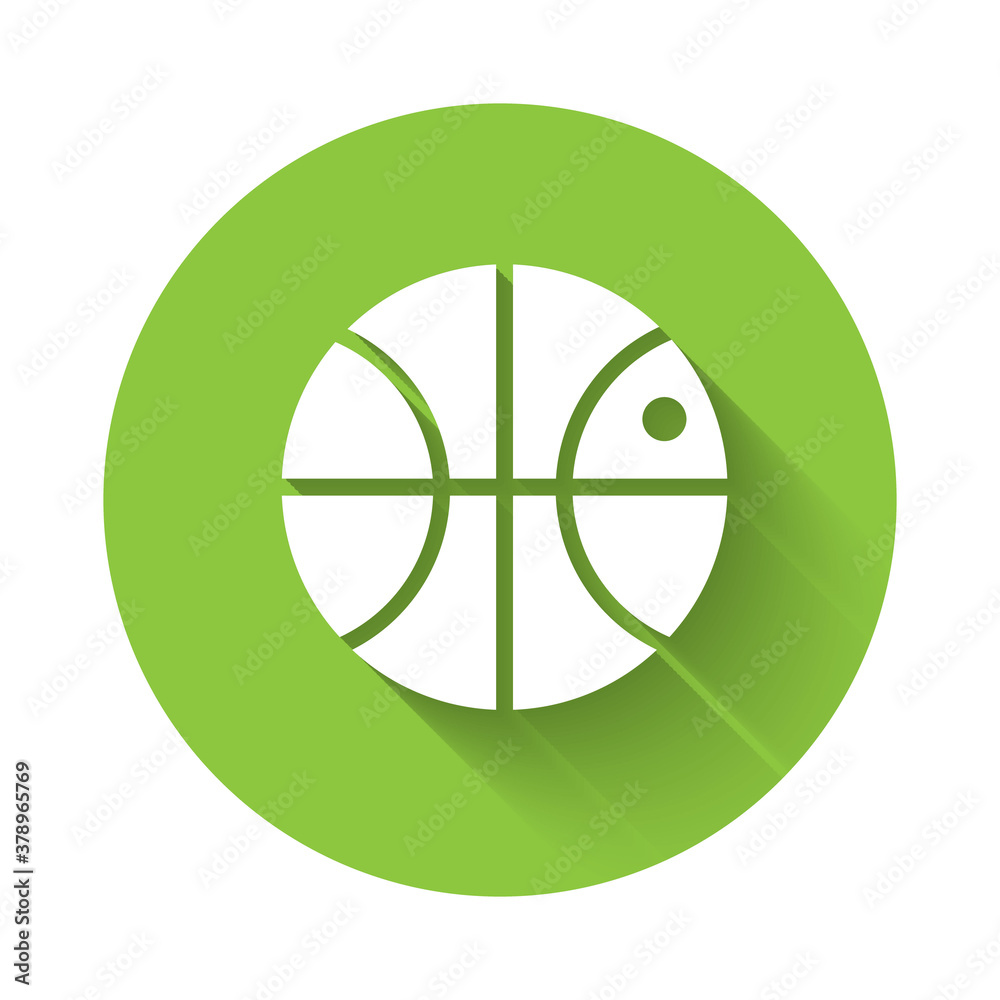 White Basketball ball icon isolated with long shadow. Sport symbol. Green circle button. Vector Illustration. White Basketball ball icon isolated with long shadow. Sport symbol. Green circle button. Vector Illustration.