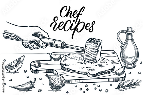 Human hand beats tenderloin steak with kitchen hammer. Cooking meat meal preparation process vector sketch illustration
