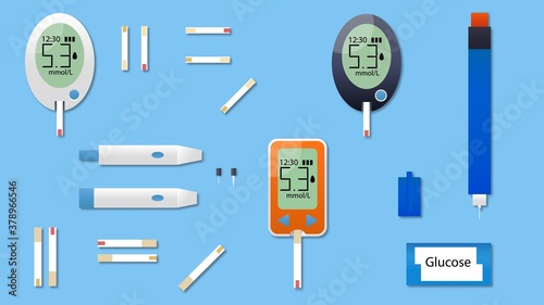 Set of diabetes management devices. Colorful glucometers, insulin pen, lancets and test strips.