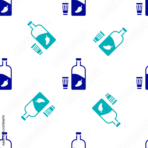 Blue Vodka with pepper and glass icon isolated seamless pattern on white background. Ukrainian national alcohol. Vector Illustration.