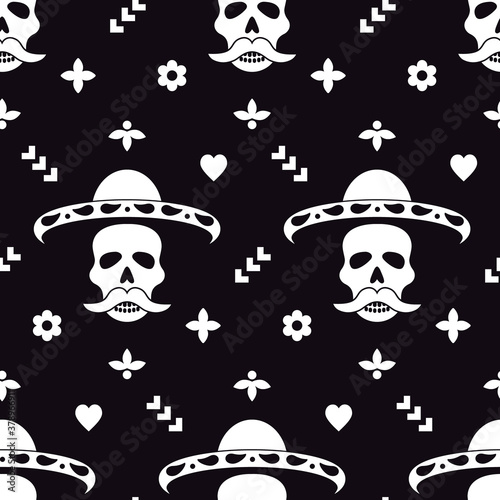 Seamless pattern with skull in sombrero and decorative elements. Dia de los muertos - mexican holiday Day of the dead. Vector illustration.