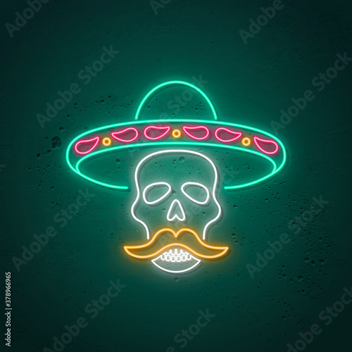 Skull neon sign. Glowing neon design for Day of the Dead (Dia de Muertos). Skull in sombrero. Vector illustration.