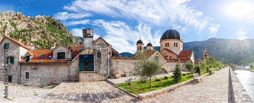 Church of St. Nicholas, Kotor, sunny panorama, Montenegro