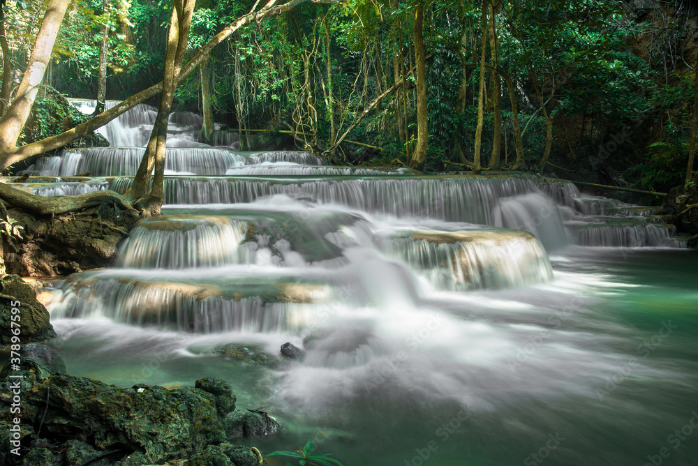 Huai Mae Khamin Waterfall attractions National Park on the Lake of Srinakarin Dam, Kanchanaburi, Thailand.Huai Mae Khamin Waterfall on winter season,