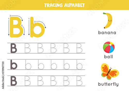 Tracing alphabet letter B with cute cartoon pictures.
