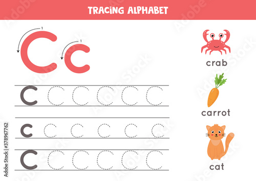 C is for cat, crab, carrot. Tracing English alphabet worksheet.