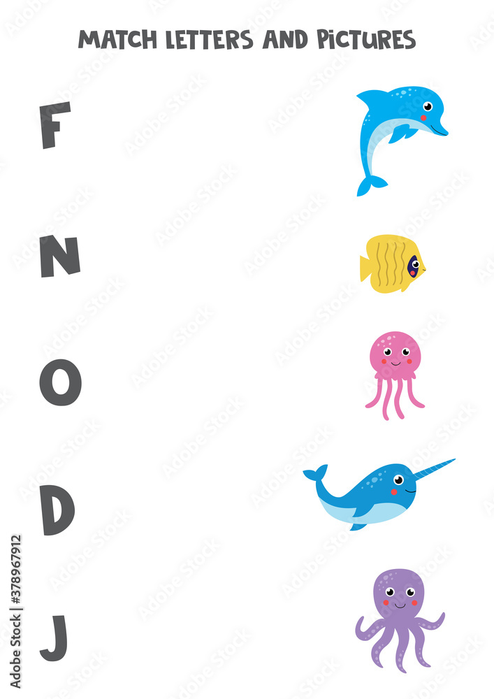 Matching game for kids. Find sea animals and letters they start with.