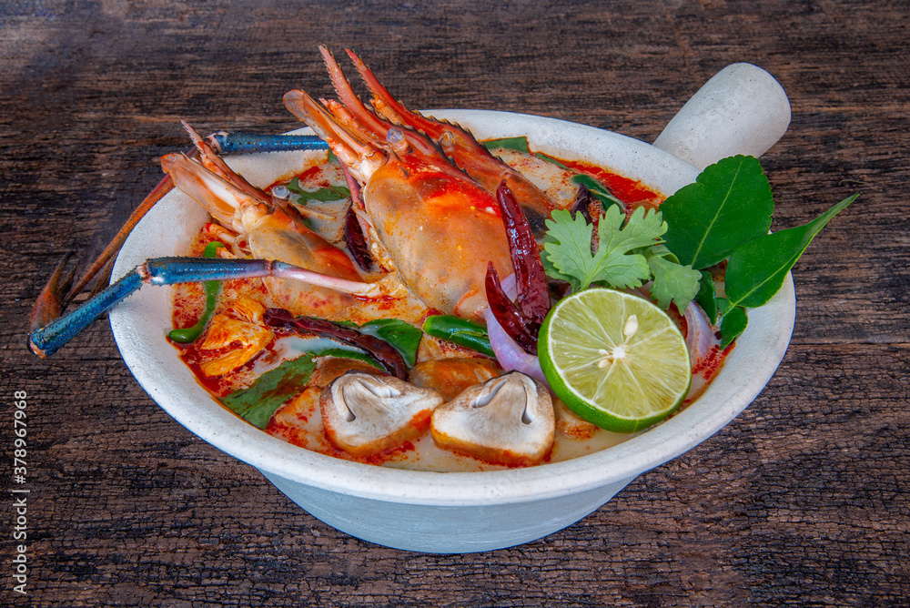 Thai Cuisine,Well known,Thai hot spicy soup River prawn with  herbs, lemon grass,lemon,galangal and chilli in a spicy curry sauce.