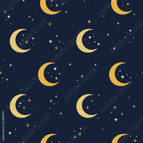 Night sky seamless pattern. Moon and stars vector background. Hand drawn moons on starry sky digital paper © redchocolatte