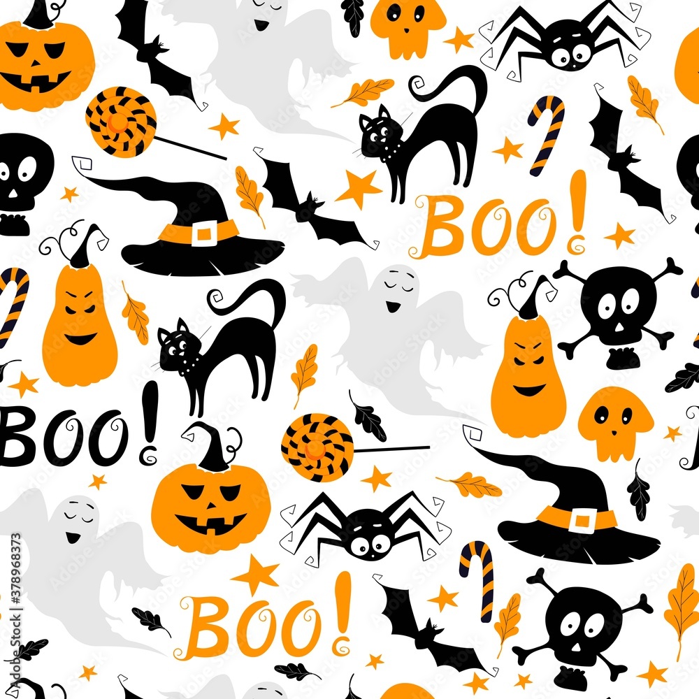 Seamless vector pattern for Halloween design. Halloween symbols: black cat, hat, pumpkin, spider, skull, boo lettering, ghost, candy in cartoon style. Vector Illustration Seamless vector pattern for Halloween design. Halloween symbols: black cat, hat, pumpkin, spider, skull, boo lettering, ghost, candy in cartoon style. Vector Illustration