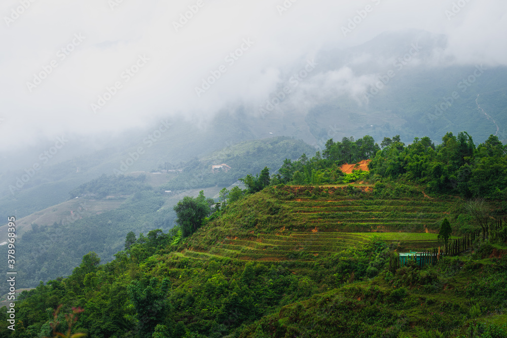 Famous Rice terraces with a building on top with mountains and clouds in the background. Sapa, Northern Vietnam October 2019