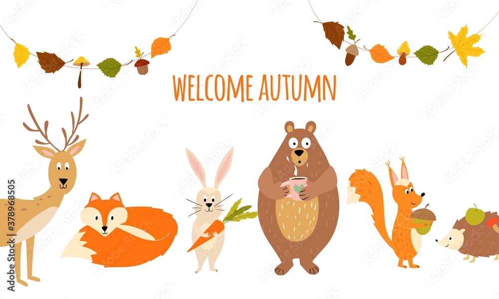 Welcome autumn greeting card with cute cartoon forest animals fox, hedgehog, dear, bear, squirrel, rabbit and garland with leaves and mushrooms. Vector illustration template Welcome autumn greeting card with cute cartoon forest animals fox, hedgehog, dear, bear, squirrel, rabbit and garland with leaves and mushrooms. Vector illustration template