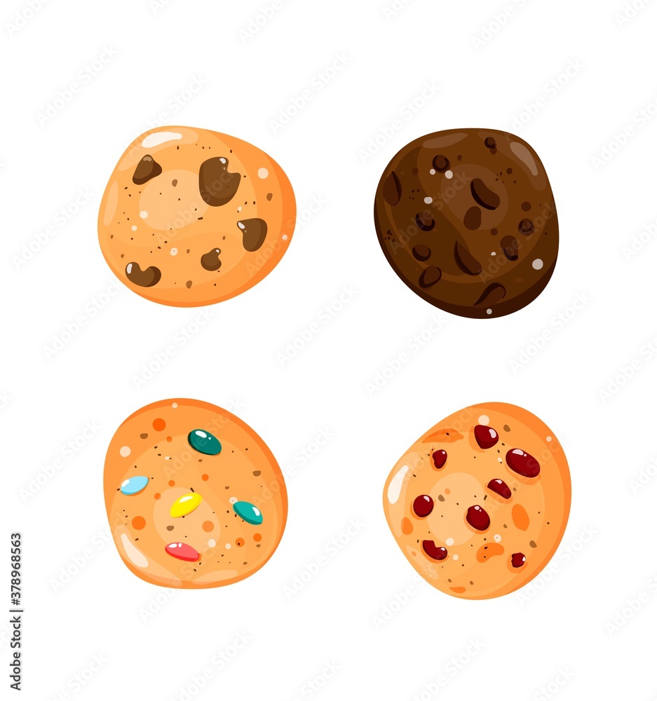 Collection of different oat cookies with chocolate chip, smarties, berries from a top view. Vector illustration. Clip art Collection of different oat cookies with chocolate chip, smarties, berries from a top view. Vector illustration. Clip art