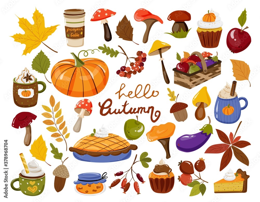Autumn set with autumn elements vegetables, pumpkin, leaves, berries, mushrooms, pastry, beverages with whipped cream, pie,cupcakes. Vector illustration with lettering for cards and other Autumn set with autumn elements vegetables, pumpkin, leaves, berries, mushrooms, pastry, beverages with whipped cream, pie,cupcakes. Vector illustration with lettering for cards and other