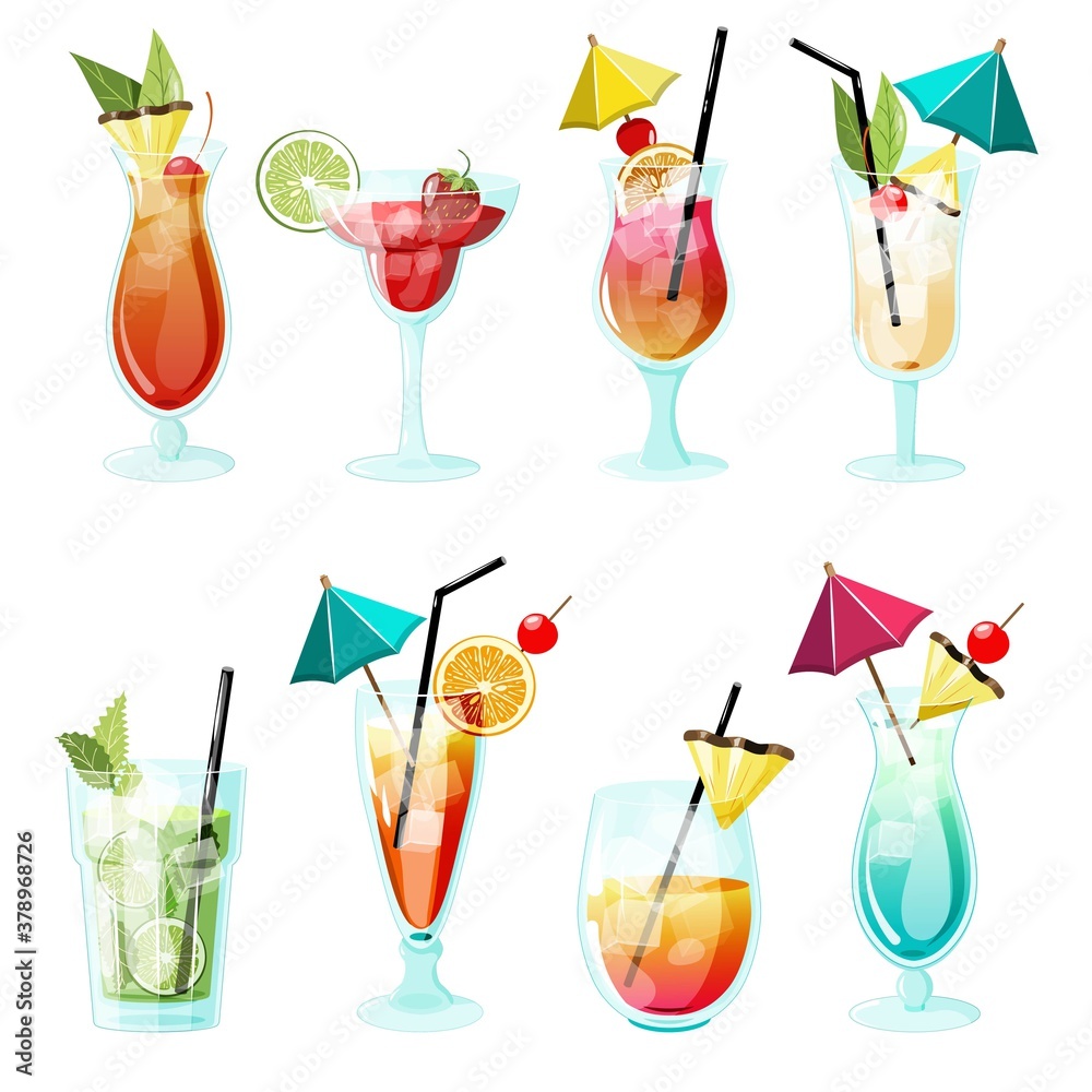 Vector set of alcoholic summer tropical cocktails. Mixed drink glasses ...