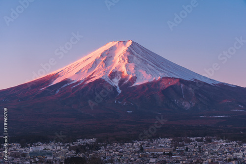 Close up fujisan mountain landscape view in sunrise light reflection above the crest of the Mountain crater.Japan natural landscape background
