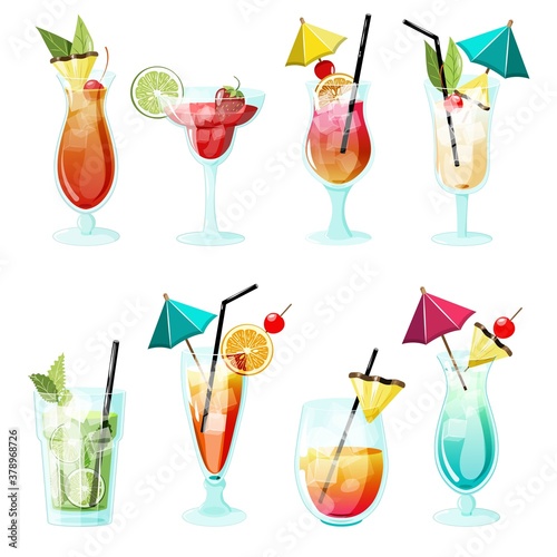 Vector set of alcoholic summer tropical cocktails. Mixed drink glasses for summer beach party. Elements for drink recipes.