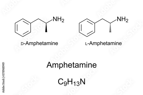Amphetamine, chemical structure. Stimulant, used to treat ADHD, narcolepsy and obesity. In high dose it is euphoric, in the drug scene known as speed or pep, also a doping agent. Illustration. Vector.