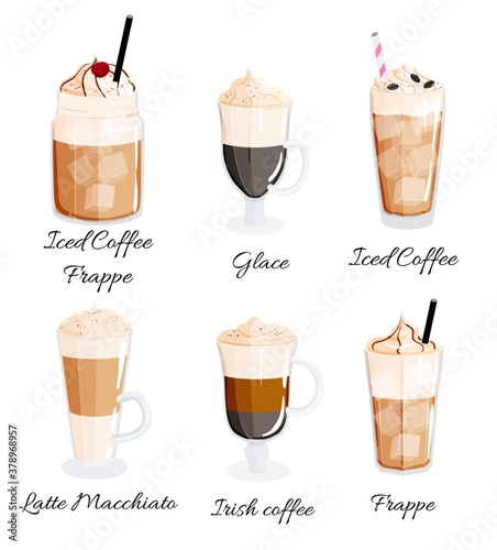 Vector set of coffee types in glasses glace, irish, macchiato, latte, mocha, bumble, iced. Coffee menu illustration and poster