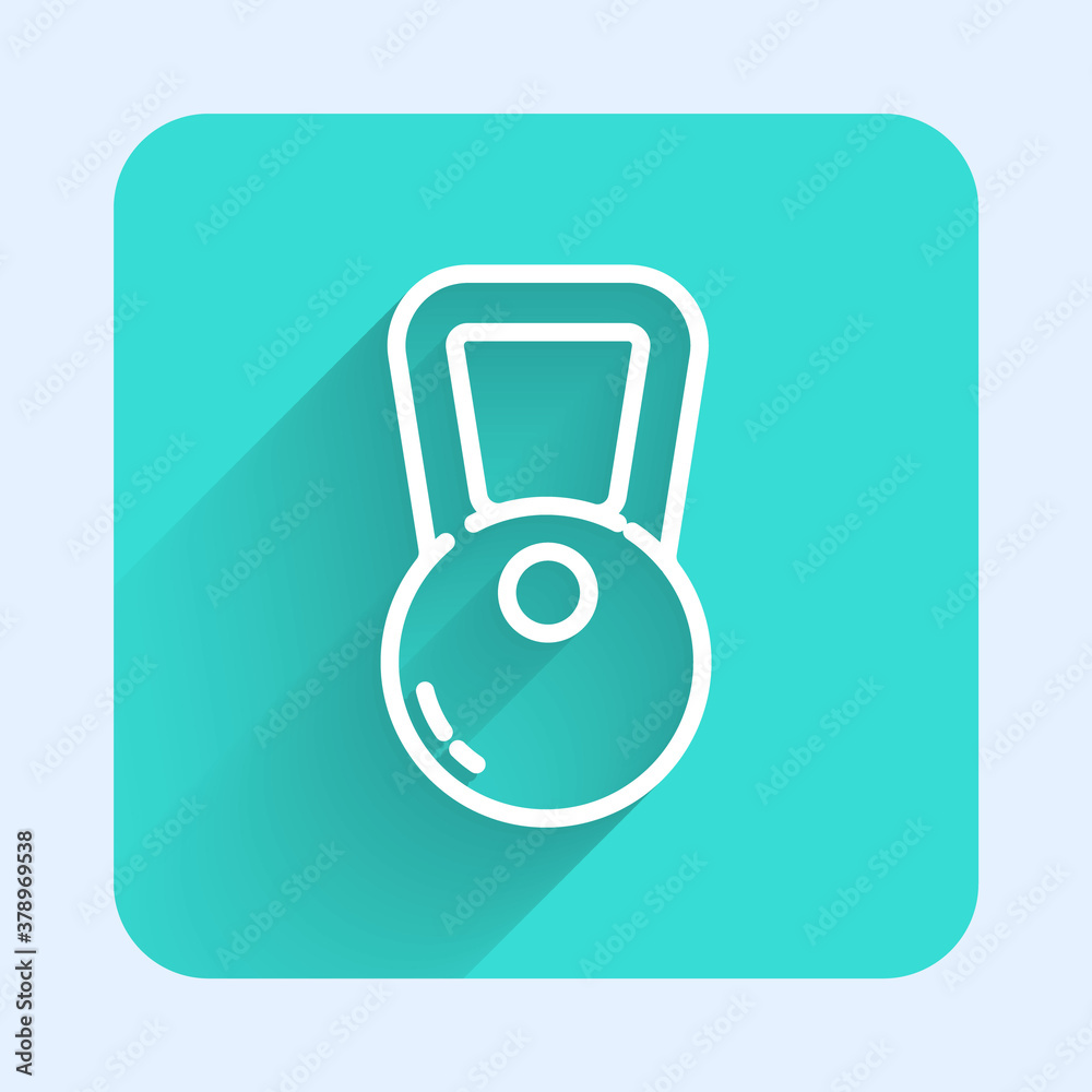White line Kettlebell icon isolated with long shadow. Sport equipment. Green square button. Vector Illustration. White line Kettlebell icon isolated with long shadow. Sport equipment. Green square button. Vector Illustration.