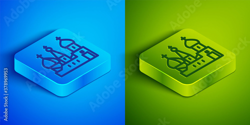 Isometric line Moscow symbol - Saint Basil's Cathedral, Russia icon isolated on blue and green background. Square button. Vector.