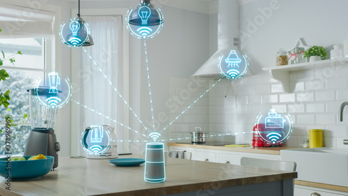 Canvastavla Internet of Things Concept: Modern Kitchen full of High-Tech Kitchen Appliances with IOT, Infographics Show Various Data and Information