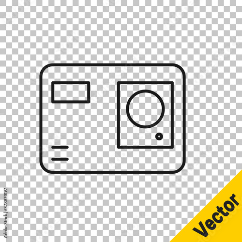 Black line Action extreme camera icon isolated on transparent background. Video camera equipment for filming extreme sports. Vector Illustration.