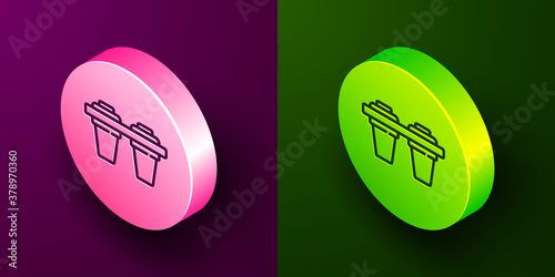 Isometric line Water filter icon isolated on purple and green background. System for filtration of water. Reverse osmosis system. Circle button. Vector Illustration.