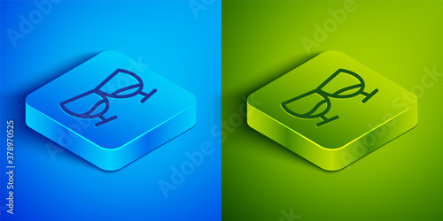 Isometric line Glass of cognac or brandy icon isolated on blue and green background. Square button. Vector Illustration.