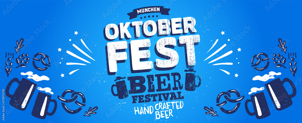 Oktoberfest party. Beer Festivale. Bavarian holiday. Handwritten typography header, signboard, greeting, invitation poster, card. Beer October festival celebration in Germany. Folk Bavarian festive.