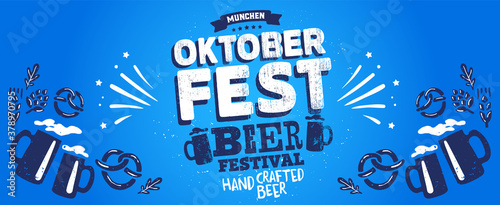 Oktoberfest party. Beer Festivale. Bavarian holiday. Handwritten typography header, signboard, greeting, invitation poster, card. Beer October festival celebration in Germany. Folk Bavarian festive. photo