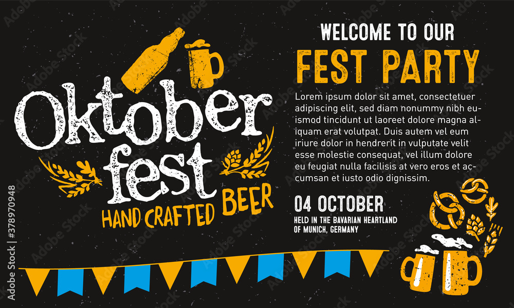 Oktoberfest party. Beer Festivale. Bavarian holiday. Handwritten typography header, signboard, greeting, invitation poster, card. Beer October festival celebration in Germany. Folk Bavarian festive.
