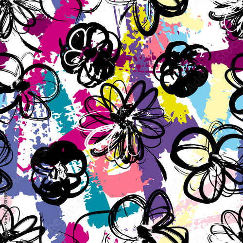 floral seamless flower pattern background  with paint strokes and splashes  vector pattern