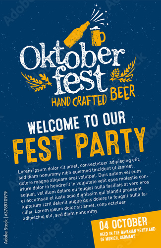 Oktoberfest party. Beer Festivale. Bavarian holiday. Handwritten typography header, signboard, greeting, invitation poster, card. Beer October festival celebration in Germany. Folk Bavarian festive. photo