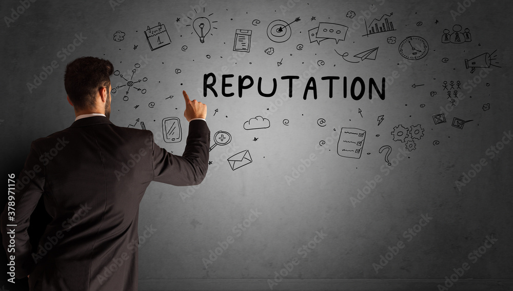 businessman drawing a creative idea sketch with REPUTATION inscription, business strategy concept businessman drawing a creative idea sketch with REPUTATION inscription, business strategy concept