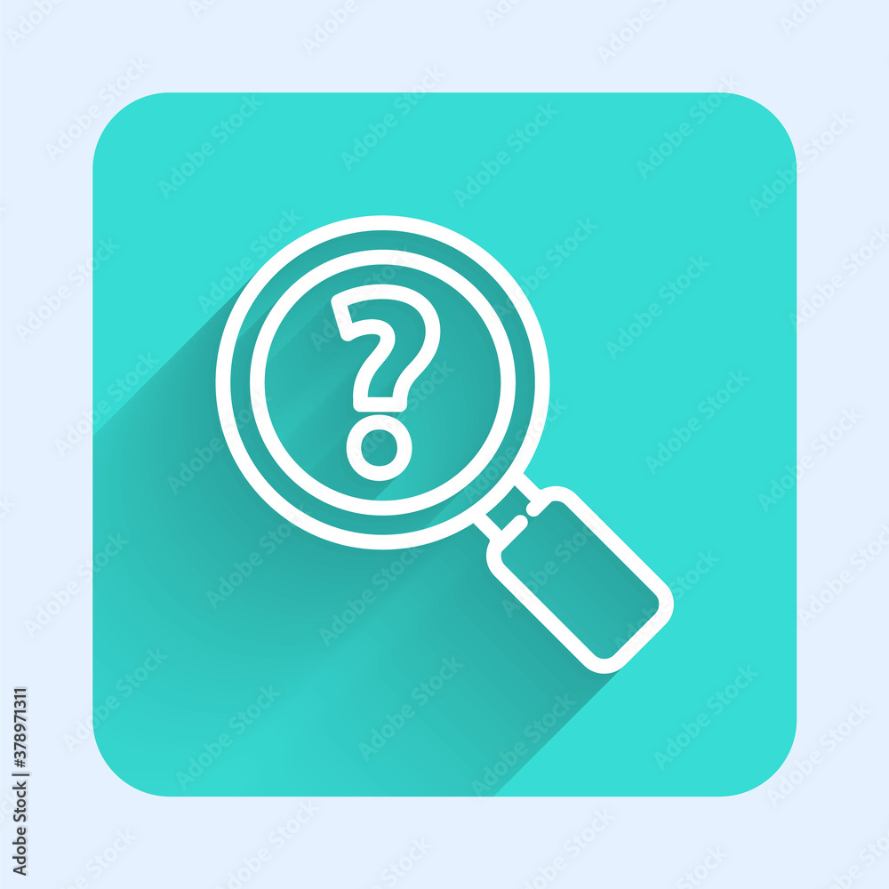 White line Unknown search icon isolated with long shadow. Magnifying glass and question mark. Green square button. Vector Illustration. White line Unknown search icon isolated with long shadow. Magnifying glass and question mark. Green square button. Vector Illustration.