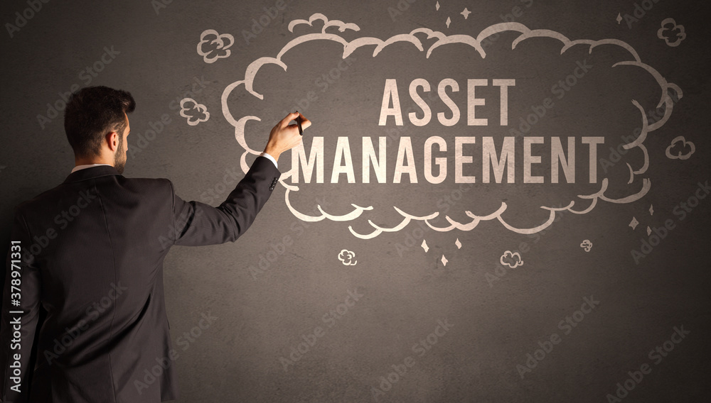 businessman drawing a cloud with ASSET MANAGEMENT inscription inside, modern business concept businessman drawing a cloud with ASSET MANAGEMENT inscription inside, modern business concept