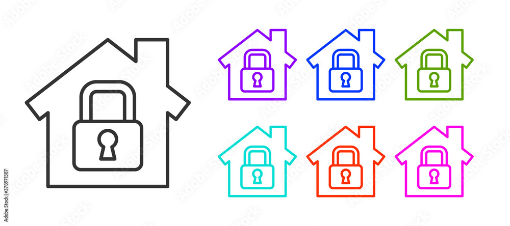 Black line House under protection icon isolated on white background. Home and lock. Protection, safety, security, protect, defense concept. Set icons colorful. Vector Illustration.