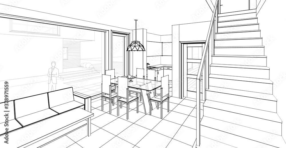 Obraz house interior sketch 3d illustration