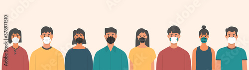 A group of people wearing masks to prevent various diseases Coronavirus Air Pollution Flu in China vector illustration in flat style