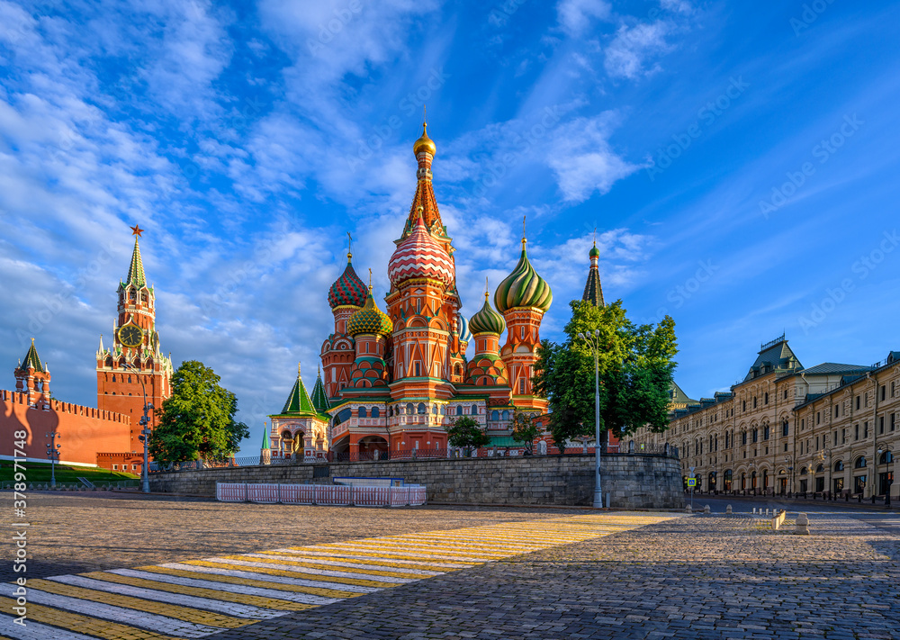 Saint Basil's Cathedral, Spasskaya Tower and Red Square in Moscow, Russia. Architecture and landmarks of Moscow.