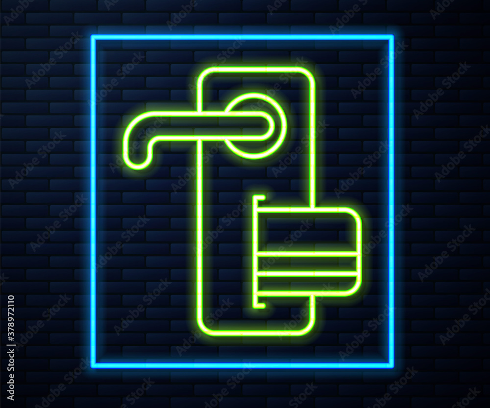 Glowing neon line Digital door lock with wireless technology for unlock icon isolated on brick wall background. Door handle sign. Security smart home. Vector Illustration. Glowing neon line Digital door lock with wireless technology for unlock icon isolated on brick wall background. Door handle sign. Security smart home. Vector Illustration.