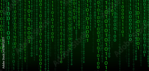 Green matrix background. stream of binary code. Falling numbers on dark backdrop. Digital computer code. Coding and hacking. Vector illustration.