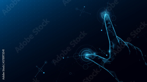 Close up zoom with two fingers shows sign, Pinch to zoom. Future technologies innovations connecting systems. Low poly design