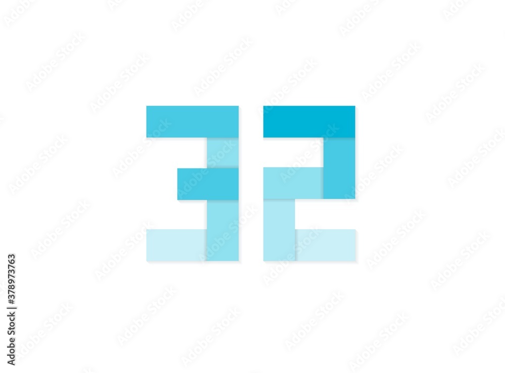 32 number, vector logo, paper cut desing font made of blue color tones .Isolated on white background. Eps10 illustration 32 number, vector logo, paper cut desing font made of blue color tones .Isolated on white background. Eps10 illustration
