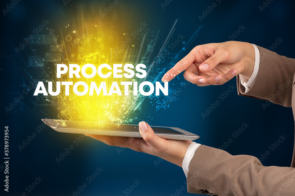 Close-up of a touchscreen with PROCESS AUTOMATION inscription, innovative technology concept Close-up of a touchscreen with PROCESS AUTOMATION inscription, innovative technology concept